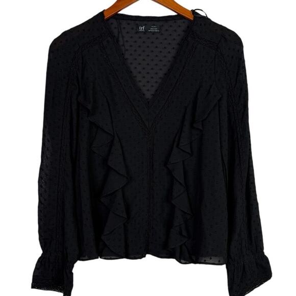 Zara Swiss Dotted Ruffle Detail Semi Sheer Long Sleeve V Neck Blouse XS Black - Picture 2 of 15